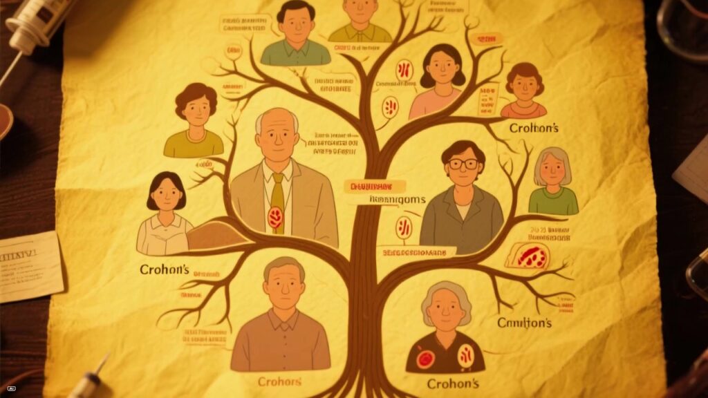 “An illustrated family tree showing the genetic inheritance pattern of Crohn’s disease.”