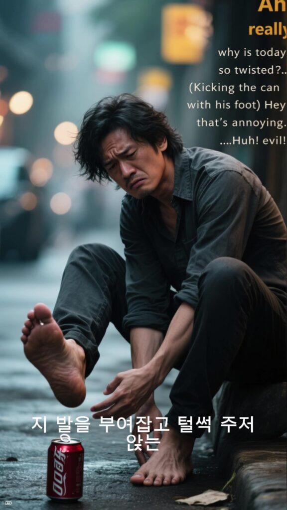 깡통 뒤에 있는 돌멩이를 발로 차고 아이고 아파라 하며 또 불평하는 투덜씨